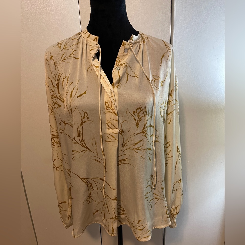 A New Day Womens Blouse Beige Brown Floral Long Sleeve Bishop Band Collar M